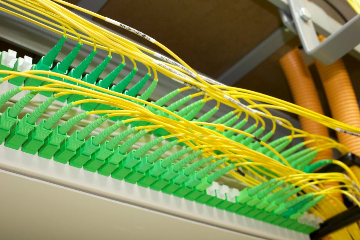Gele glasvezelkabels met groene stekkers in een verdeelkast